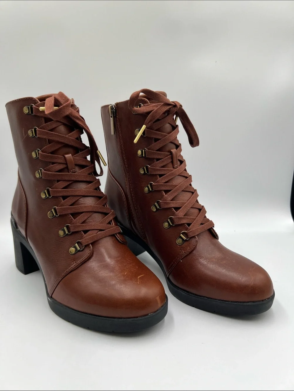 Abeo Metropolis lace short ankle boots zipper chunky heel boho granny brown 8